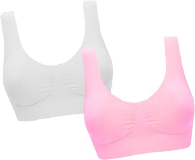 CHARMMODE Combo of 2 fully stretchable cotton everyday Sports bra Women Sports Non Padded Bra(Pink, White)