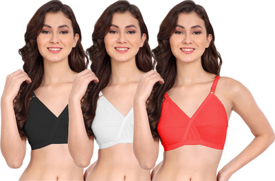 FIMS Women Cotton Blend Solid Non-Padded Black White Red Women Everyday Non Padded Bra(Black, White, Red)