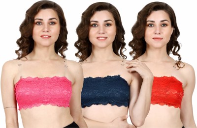 JUSTFABS Women Transparent Straps Tube Top Lace Net Bra / Bralette With Pad Women Bandeau/Tube Lightly Padded Bra(Pink, Dark Blue, Red)