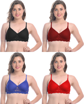 FIMS Women Solid Cotton Blend Floral Lace Lightly Padded Bra Non-Wired Pack of 4 Women Everyday Lightly Padded Bra(Maroon, Black, Red, Blue)