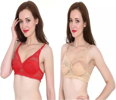 ALYANA Woman's Innerwear Multicolor Silki Soft Sexy Full Net Non Padded Bra Women Full Coverage Non Padded Bra(Red, Beige)