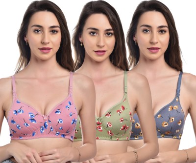 IKBHARAT Women Stylish Full Coverage Floral Printed Lightly Padded Bra Women Balconette Lightly Padded Bra(Green, Blue, Pink)