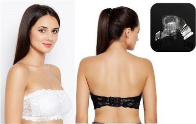 Chic Hook Women’s Strapless Lace Bandeau– Tube Bra with Transparent Straps | Padded Women Bandeau/Tube Lightly Padded Bra(Black, White)