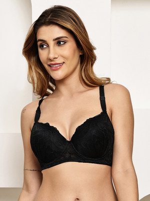 Quttos Quttos Underwire Floral Lace T-Shirt For Women Women T-Shirt Lightly Padded Bra(Black)