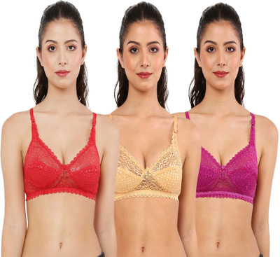 Fureru Women's Super Combed Cotton Blend Long Lasting Non-Wired and Non Padded Bra Women Everyday Non Padded Bra(Red, Beige, Purple)