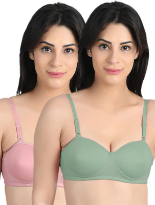 Women Vibes Women's Lightly Padded Wirefree half demi cup T-Shirt Bra Combo Women T-Shirt Lightly Padded Bra(Green, Pink)