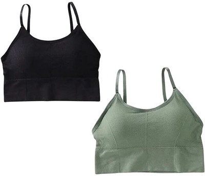 Tood Fashion Women And Girls Adjustable Strap Cotton Blend Women Sports Lightly Padded Bra(Black, Green)