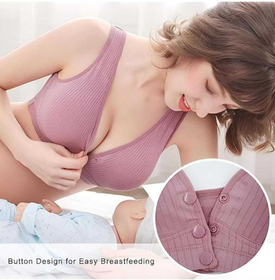 Pink PixiesCreation Button Feeding Bra Women Maternity/Nursing Lightly Padded Bra(Pink)