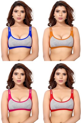 Rudra Women's Full Comfortable Cotton Blend Chami Bra In Beige, Blue, Pink & Red Women Sports Non Padded Bra(Beige, Blue, Pink, Red)