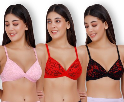 Selfcare Womens Net Half Coverage Plunge Bra Women Plunge Lightly Padded Bra(Pink, Red, Black)