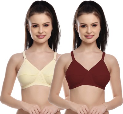 FIMS Women Cotton Blend Solid Non-Padded Everyday Bra Beige Maroon Women Everyday Non Padded Bra(Beige, Maroon)