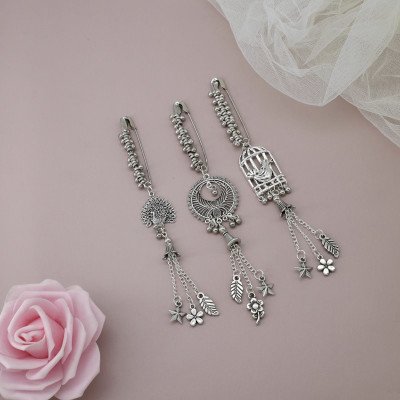 GC Jewelery Fancy Oxidised Saree Pins/Broch/Safetypin For Womens 3Pc Combo Set New Design Brooch(Silver)
