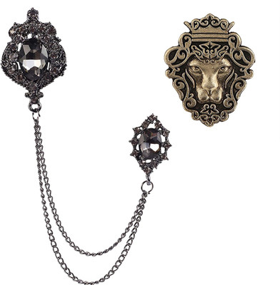 mahi Combo of Lion's Face and Two Layer Chain Brooch with Crystals Brooch(Black)