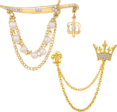 mahi Combo of Crown and Sword-Shaped Layered Chain Brooch Brooch(Gold)
