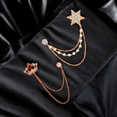 mahi Combo of Crown Star Long Double & Triple Layer Chain Wedding Occasion Brooch Brooch(Red, White)