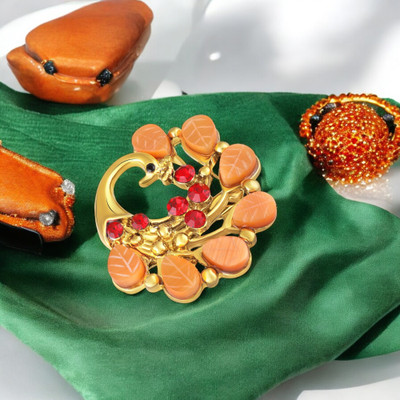 mahi Peacock-Shaped Studded Weeding Brooch Brooch(Orange, Red)