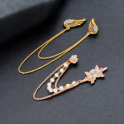 mahi Combo of Designer Chain Brooch with Crystals and Artificial PEarl Brooch(White)