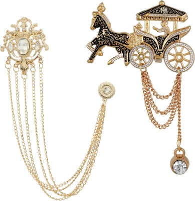 Adorn Combo of Oxodised Chariot & Floral Chained Sherwani Brooch/Lapel Pin Brooch(Gold)