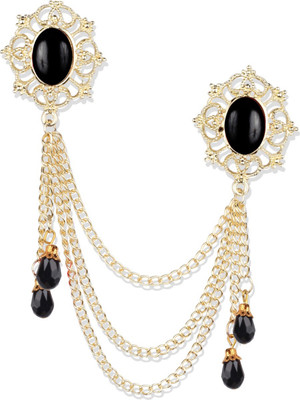 Voxon Crowned Deep Black Stone with Abstract Work and Hanging Chain Brooch for Men Brooch(Black)
