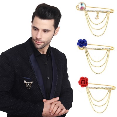 VAMA Gold Plated Crystal Stone Hanging Beads Chain Brooch Blazer Sherwani For Men Brooch(Gold)