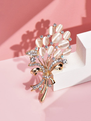 YELLOW CHIMES Elegant Bouquet Design Opal Stone Crystal Rose Gold Plated Brooch Pin for Women and Girls Brooch(Copper)