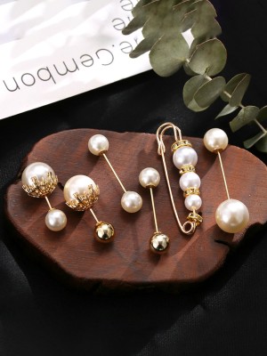 YELLOW CHIMES Combo Pack Of 6 Gold Tone Pearl Studded Statement Brooch Brooch(Gold)