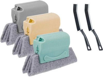 Prachi Window Groove Cleaning Brush 3pc With Gap Cleaning Brush-2pc Sponge, Grass Wet and Dry Brush(Multicolor, 5 Units)