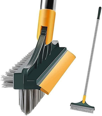 QERINKLE 3 in 1 Tiles Cleaning Brush with Handle Microfibre Wet and Dry Brush Plastic Wet and Dry Brush(Yellow, Green)