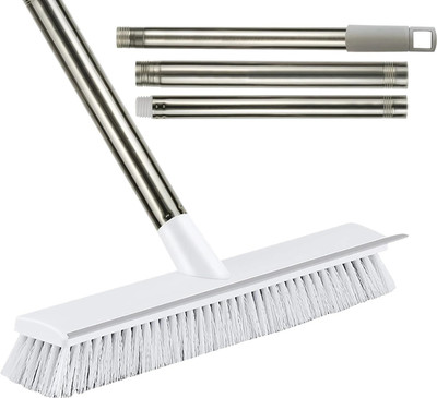 DEEJET 2 in 1 Tile Cleaning Brush Wiper Bathroom Floor Scrub with Long Handle Wiper Microfibre Wet and Dry Brush(White)