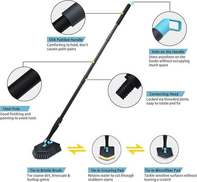 Wannasky 3in1 Cleaning Brush Removable Long Handle with Floor Joint Brush & Broom Holder Microfibre, Sponge Wet and Dry Brush(Multicolor)