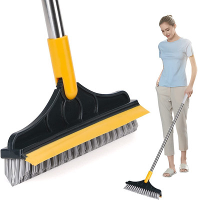 YNV TRADER Bathroom Brush Cleaning Brush with Wiper 2in1 Tiles Floor Scrub with Long Handle Plastic Wet and Dry Brush(Multicolor)