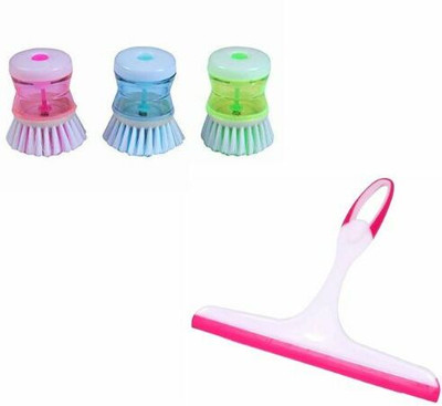 STRUGGLINGINC 3 Wash Basin Soap Dispenser Brush & 1 Cleaning Glass wiper Set of 4 Plastic Wet and Dry Brush(Multicolor, 4 Units)