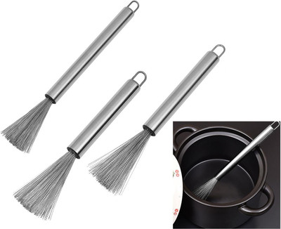 RBGIIT Cleaning Brush 304 Stainless Steel Scrubber for Kitchen Dishes Pots Pans Sink K0 Plastic Wet and Dry Brush(Silver, 3 Units)