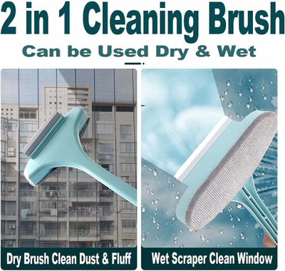 VEWIKZY 2 in 1 Mesh Cleaning Brush & Wiper with Extended Handle Sponge Wet and Dry Brush(Multicolor)