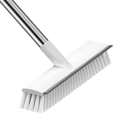 PARAAAMSUKHAAM 2 in 1 Bathroom Cleaning Brush Wiper Long Handle White Scrubbing Tiles Floor Plastic Wet and Dry Broom(White)
