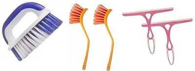 INASAN Sink & Washbasin Cleaning Set With Handle Brush And Kitchen Wiper Plastic Wet and Dry Brush(Multicolor)