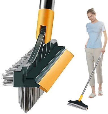 BUYERZONE WITH BZ LOGO 3 in 1 Toilet Bathroom Floor Cleaning Wiper 180° Rotate Brush with Long Handle Sponge, Silicone Wet and Dry Brush(Multicolor)