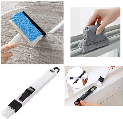 R FASHION 2 in 1 Glass Wiper Mirror Grout,Window Groove Frame Keyboard Dust Cleaning Brush Sponge Wet and Dry Brush(Multicolor, 3 Units)
