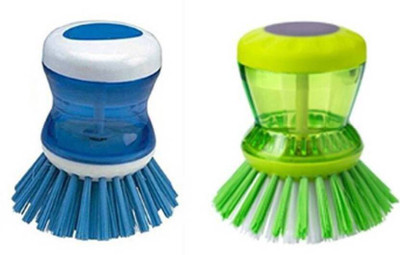 Toqon ® Dish / washbasin / Sink cleaning Plastic brush with self liquid soap dispenser (02 pcs.) Cleaning Brush Plastic Wet Brush Plastic Wet and Dry Brush(Multicolor, 2 Units)