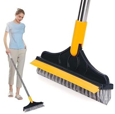 DEQTRON Stainless Steel 2 In 1 Bathroom Cleaning Brush Wiper Tiles Cleaning Bathroom Plastic Wet and Dry Brush(Yellow)