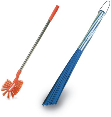 VIMAL Combo Set of Kharata 24” HeavyDuty Plastic Broom+ Maxclean Toilet Cleaning Brush Plastic Wet and Dry Broom(Multicolor, 2 Units)