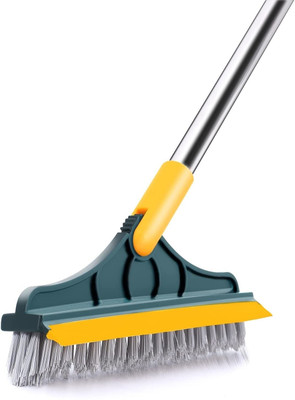 JsdMart Bathroom Brush Cleaning Brush with Wiper 2in1 Tiles Floor Scrub with Long Handle Plastic Wet and Dry Brush(Multicolor)
