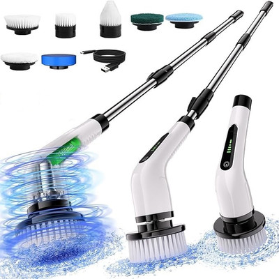 LUFJIKA 9-in-1 Spin Scrubber with 7 Brush Heads Rechargeable High Powered Cleaning Tool Microfibre, Sponge, Plastic Wet and Dry Brush(White, Blue)