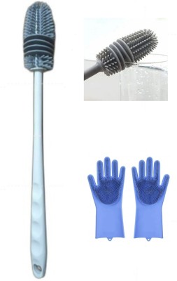 QinPin Long Bottle Cleaning Brush for Baby bottle Cup Glass Mug & Silicon Gloves Combo Silicone Wet and Dry Brush(Grey, Blue, 2 Units)