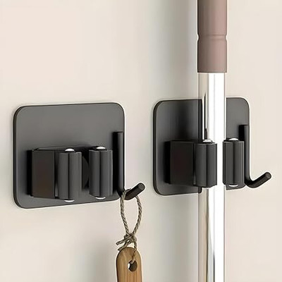 KIYAMOKSH WORLD Black Stainless Steel Broom Holder(2 Holders)