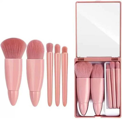 GLOW FIRST 5PCS Makeup Brushes Travel Kit for Foundation Concealers Eye Shadows with Mirror(Pack of 5)