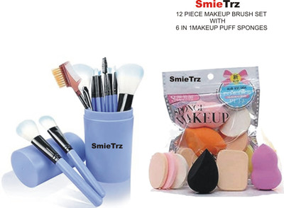 SMIETRZ Professional 12 Piece Makeup Brush Set With Box + Soft 6 in 1 Makeup Sponge Pack(Pack of 18)