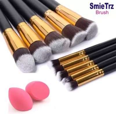 SMIETRZ 10 Pcs Makeup Brushes Set Tool Pro Foundation Eyeliner and 2 Lotus Sponge Puff(Pack of 12)