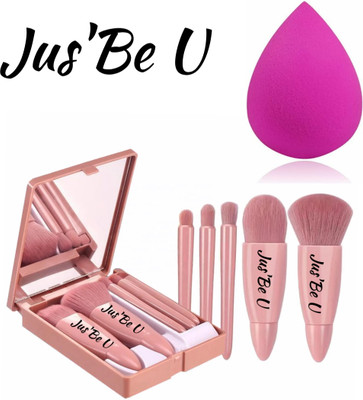 Jus’Be U Makeup Brush Applicator Set of 5 with Mirror & Pouch AND Makeup Blender Sponge(Pack of 6)