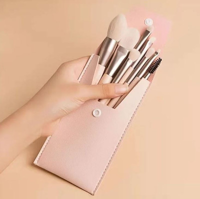 SUNAINA Makeup Mini Peach Brush Set Of 8 Pcs with Case for Foundation,Powder,Blush,Brush(Pack of 8)